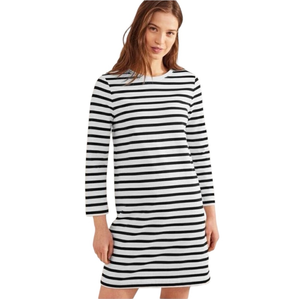 Boden Long Sleeve T-Shirt Dress 2 White Black Breton Stripe Coastal Casual NWT
